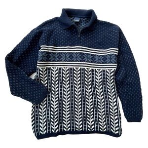Danish brand REDGREEN Lambswool/Cotton Nordic Sweater, 1/4 Zip, Blue/White, XL
